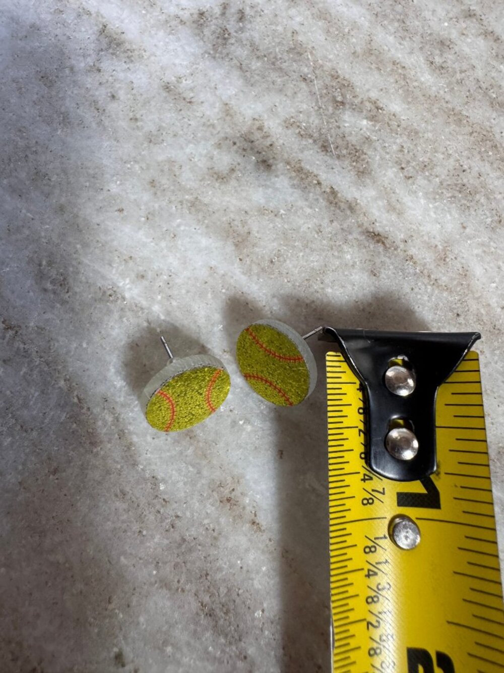 Yellow Glitter Softball Stud Earrings — Sparkly Acrylic Game Day Studs, 3/4" - Picture 5 of 5